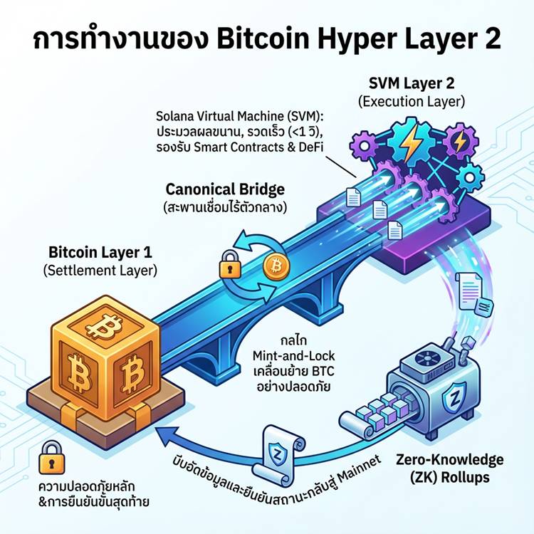 Bitcoin Hyper Layer 2 diagram เชื่อม Bitcoin กับ SVM และ ZK Rollups